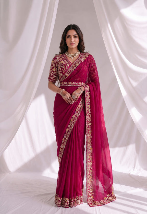 Magenta Ready to Wear Embroidered Designer Saree with Stitched Blouse
