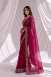 Magenta Ready to Wear Embroidered Designer Saree with Stitched Blouse