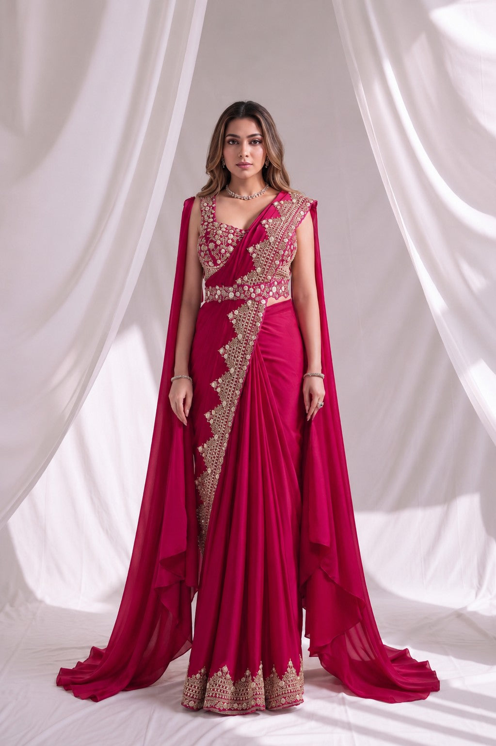 Rani Pink Ready to Wear Designer Saree with Stitched Blouse