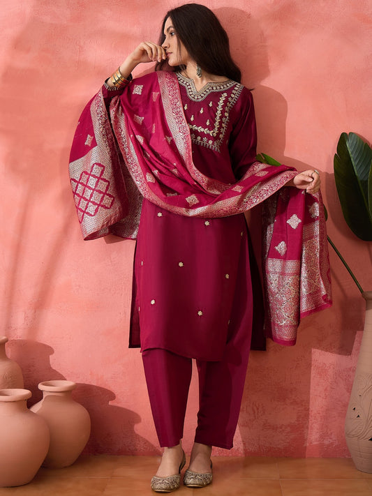 Maroon Embroidered Kurta Set with Silver Zari Banarasi Dupatta