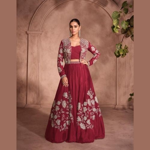 Maroon Premium Chinon Silk Lehenga with Embroidered Shrug