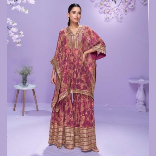 Designer Maroon Georgette Kaftan Dress with Gharara for Women