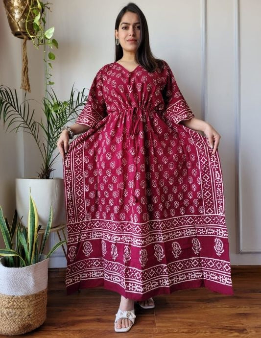 Maroon Hand Block Printed Cotton Kaftan – Free Size, 52" Length
