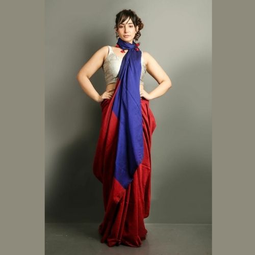 Elegant Maroon & Navy Blue Khadi Cotton Saree – Handloom Soft Weave