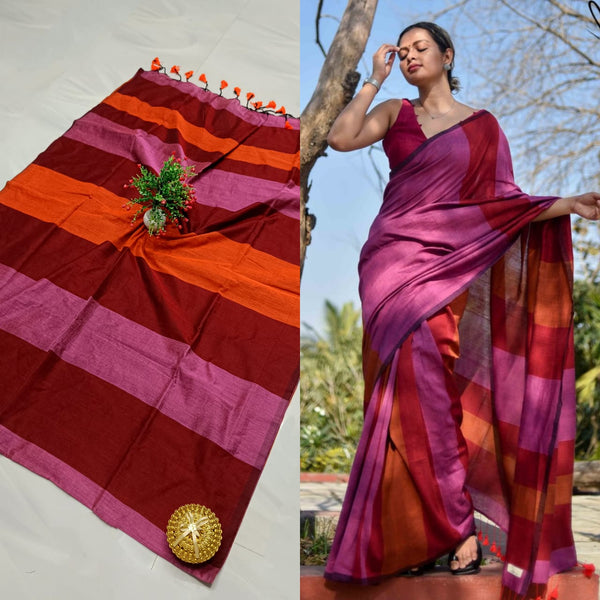 Elegant Maroon & Pink Khadi Cotton Saree – Handwoven Comfort & Style