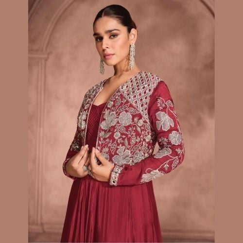 Maroon Chinon Silk Embroidered Lehenga with Stylish Shrug