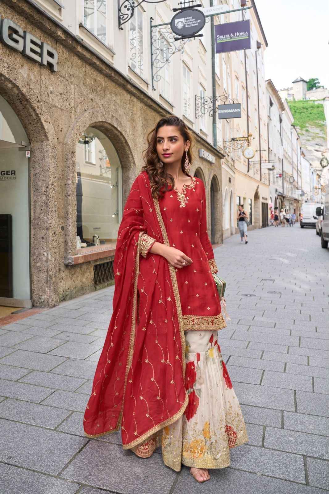 Designer Maroon Real Chinon Party Wear Sharara Suit