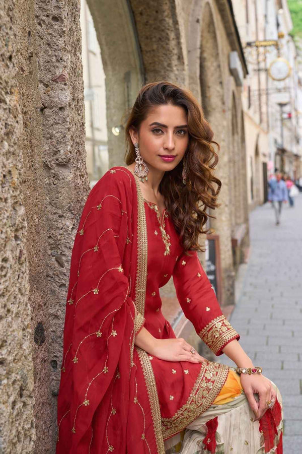 Designer Maroon Real Chinon Party Wear Sharara Suit for Women