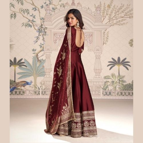 Elegant Maroon Silk Anarkali Gown