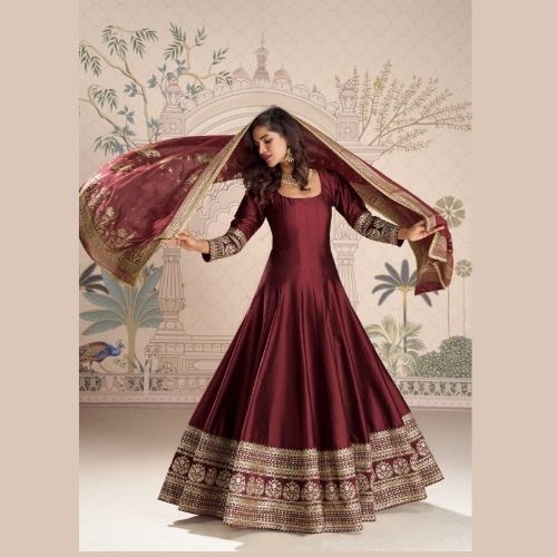 Elegant Maroon Silk Anarkali Gown with Jacquard Embroidered Dupatta