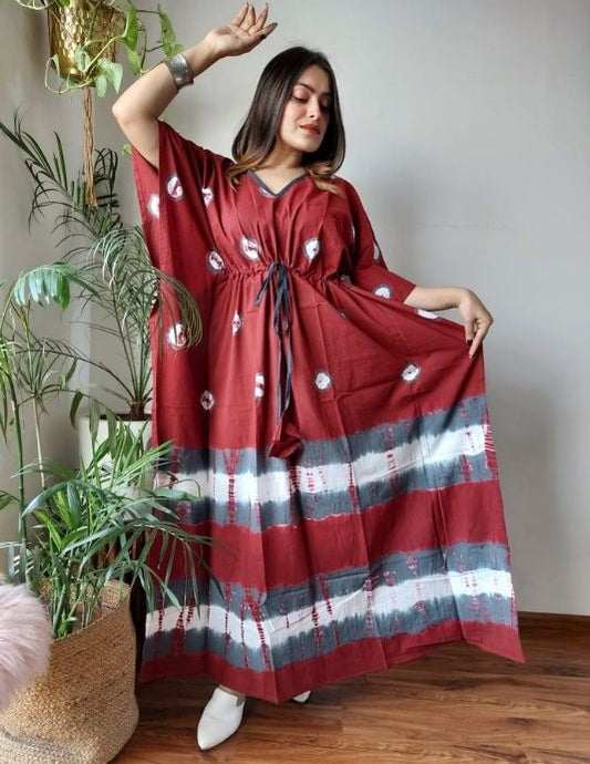 Maroon Tie-Dye Cotton Kaftan – Hand Block Print, Free Size, 52"