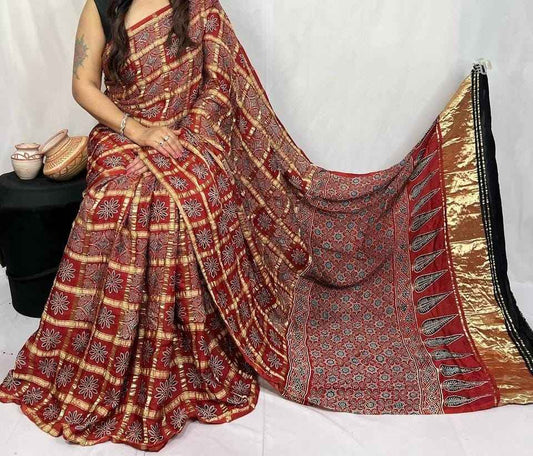 Maroon Floral Ajrakh Modal Silk Gharchola Saree