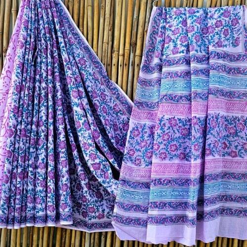 Mauve Floral Motif Mulmul Cotton Saree with Blue Accents