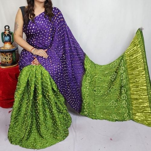 Mahendi/Purple Modal Silk Bandhni Saree with Blouse