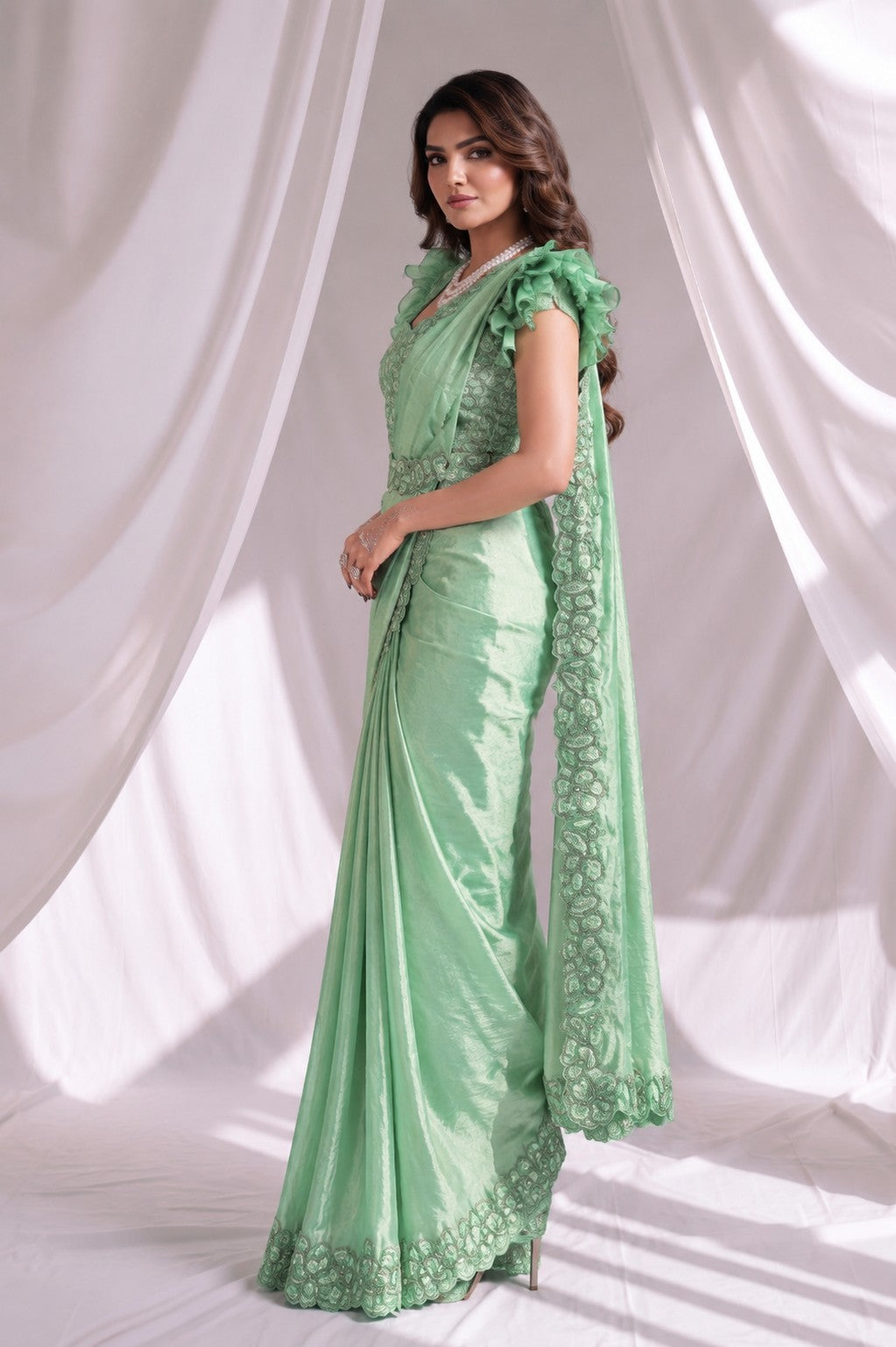 Mint Green Ready to Wear Embroidered Designer Saree