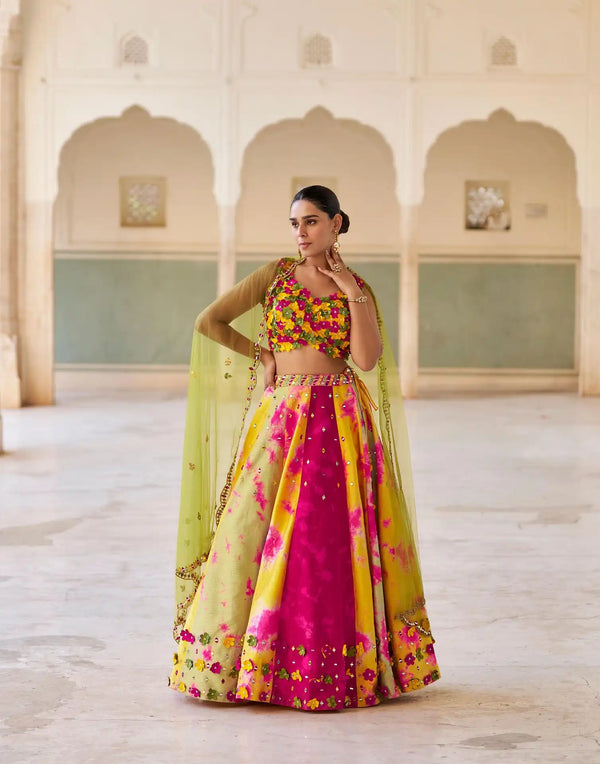 Multicolor Pink–Yellow Designer Party Wear Lehenga for Women