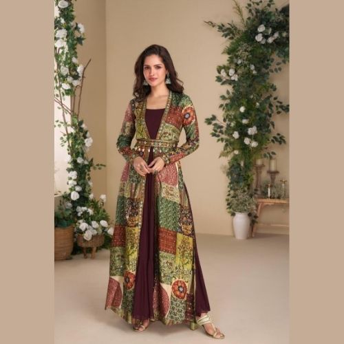 Designer Multicolor Indo Western Dress with Silk Embroidered Shrug