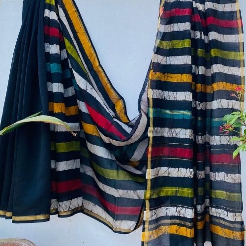 Multicolor Striped Chanderi Silk Saree with Black Base