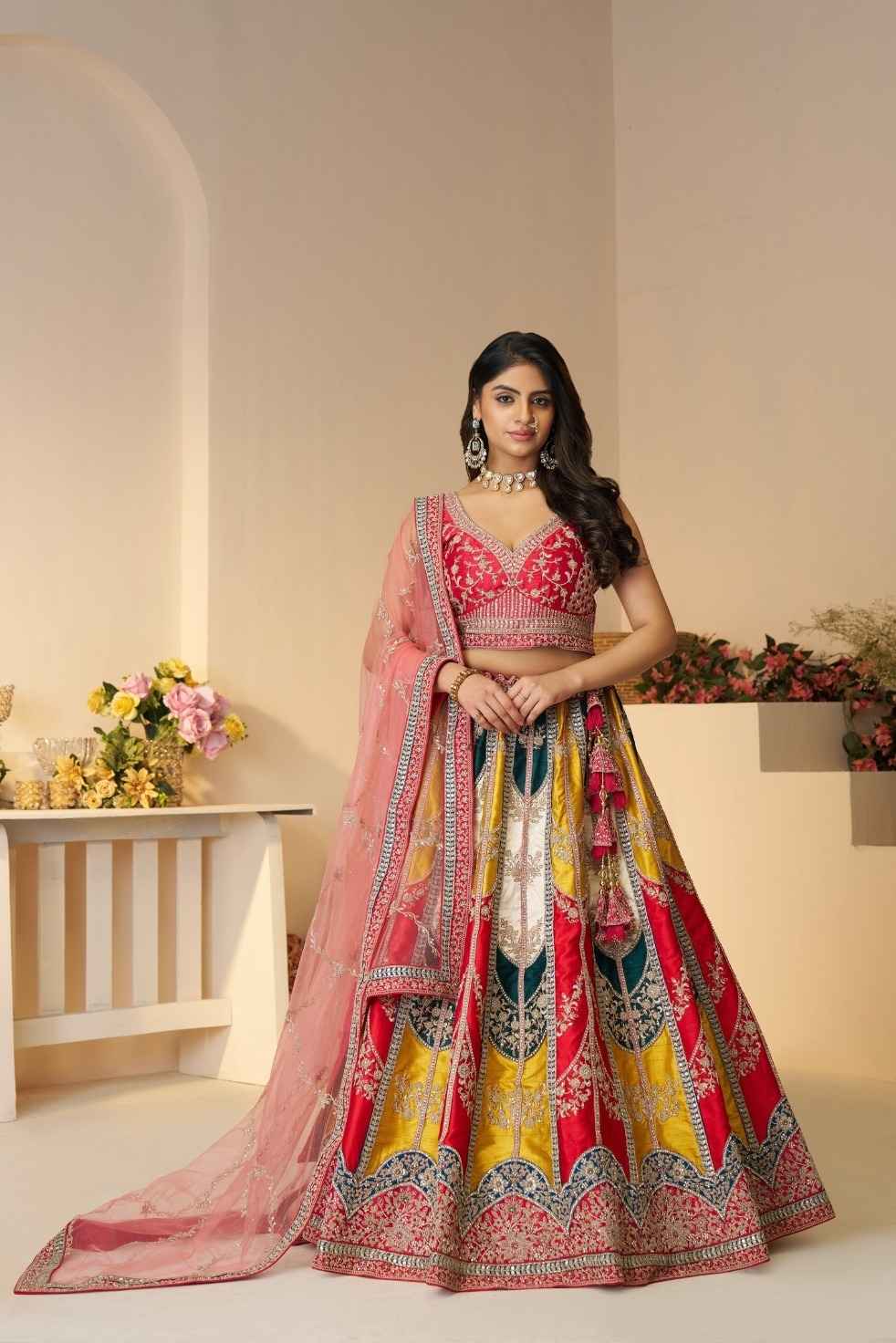 Multicolour Embroidered Bridal & Haldi Silk Lehenga Set