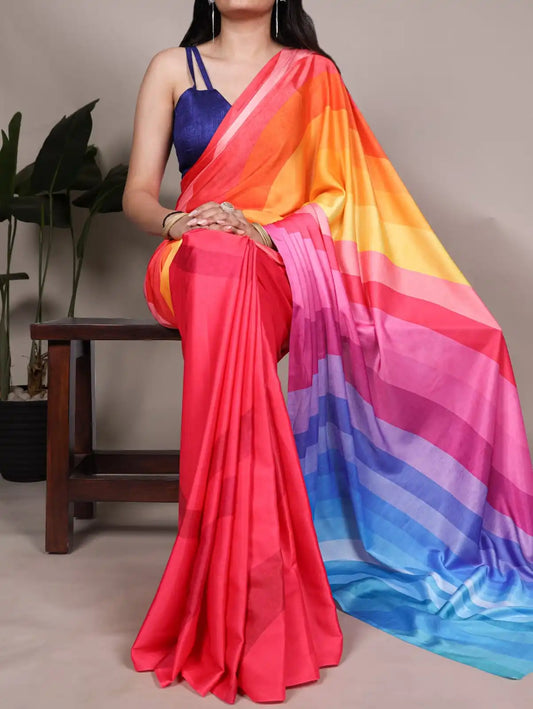 Multicolour Rainbow Printed Satin Silk Saree