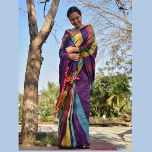 Vibrant Multicolour Khadi Cotton Saree – Handloom Stripes with Tassel Edge