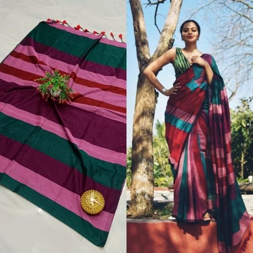 Wine, Green & Pink Striped Khadi Cotton Saree – Elegant Handloom Weave