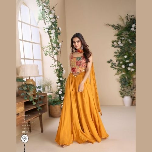 Mustard Designer Indo Western Dress with Palazzo & Embroidered Blouse