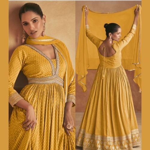 Mustard Yellow Floor Length Anarkali Gown with Dupatta