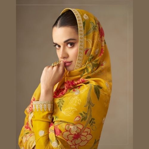 Mustard Yellow Premium Chinnon Silk Anarkali Gown with Dupatta