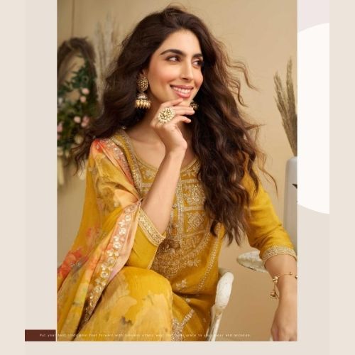 Mustard Yellow Premium Chinon Silk Embroidered Gharara Suit