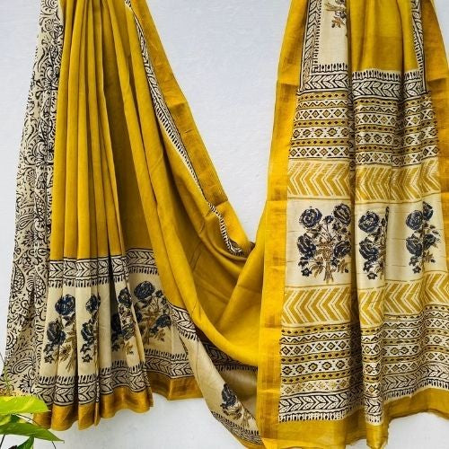 Mustard Yellow Pure Maheshwari Silk Saree with Floral Block Design