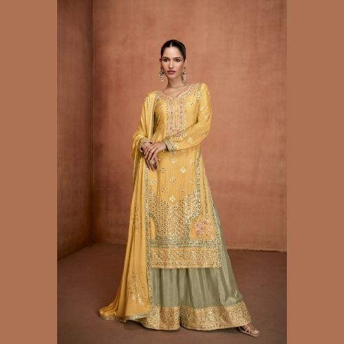 Designer Mustard Yellow Real Chinon Sharara Suit with Dupatta