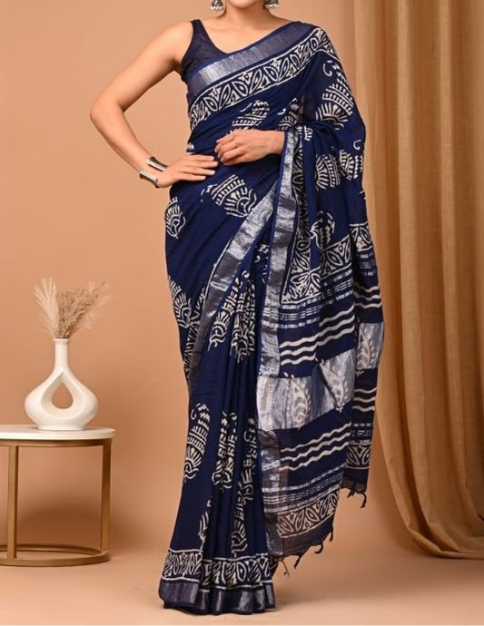 Navy Blue Hand Block Printed Linen Saree with Blouse Piece