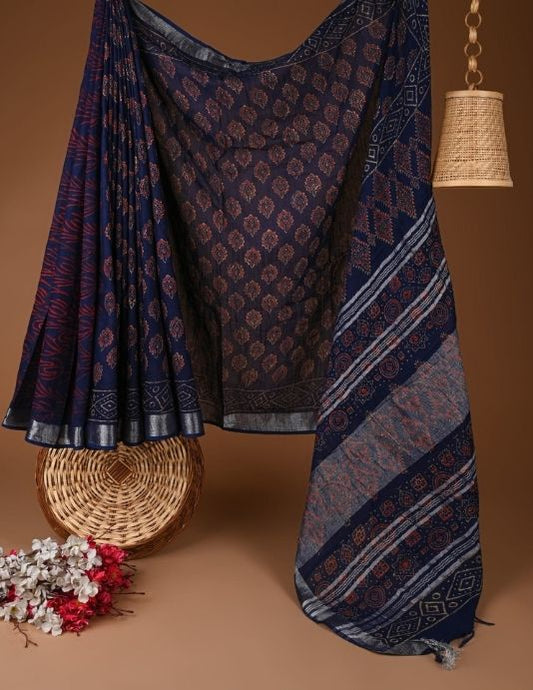 Navy Blue Hand Block Printed Linen Saree with Natural Dye & Blouse