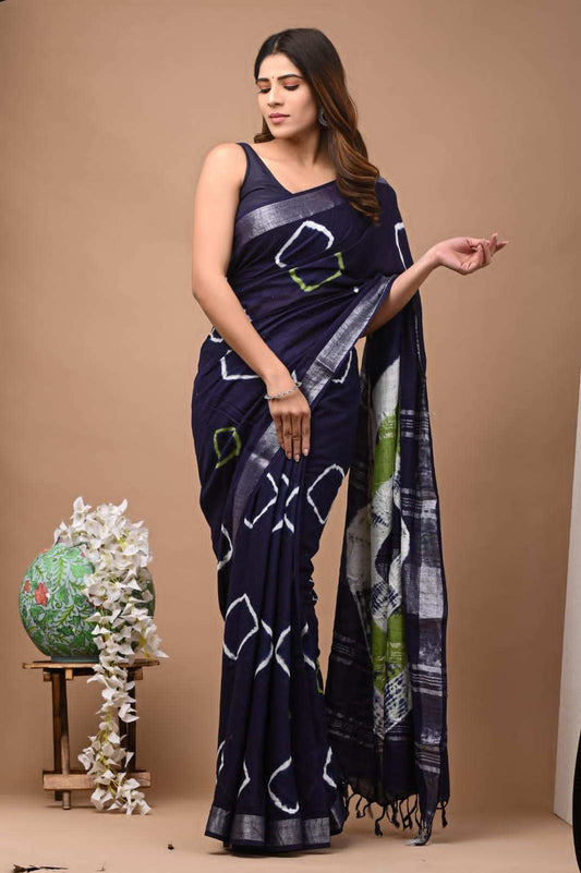 Navy Blue Geometric Hand Block Printed Linen Saree with Blouse