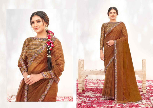 Rustic Brown Crepe Shimmer Silk Saree with Sequence Embroidered Border