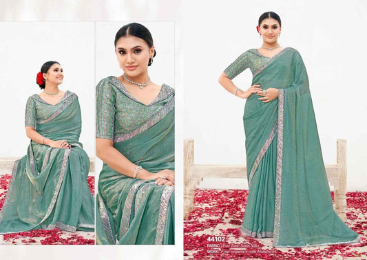 Sea Green Satin Silk Saree with Sequins & Handwork