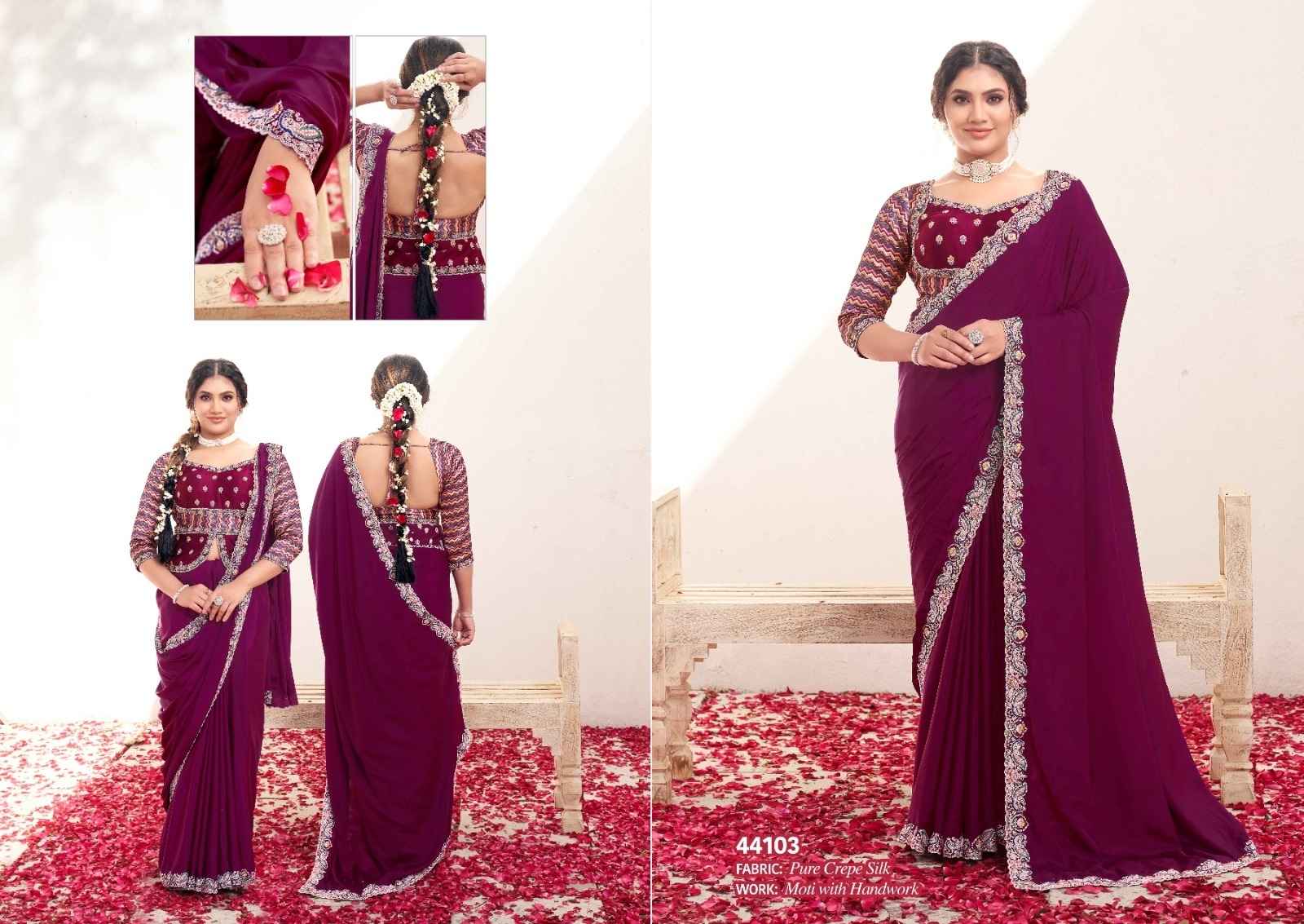 Wine Pure Crepe Silk Saree with Moti Handwork