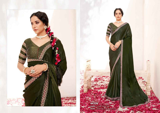 Emerald Green Crepe Satin Silk Saree with Zardoshi Embroidered Border