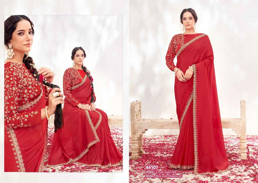 Royal Red Crepe Satin Silk Saree with Gold Embroidered Designer Blouse