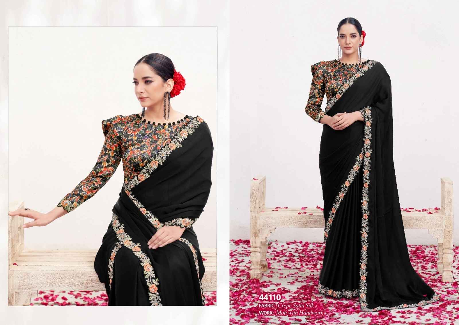 Classic Black Crepe Satin Silk Saree with Floral Embroidered Border
