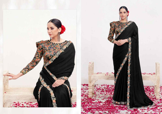 Classic Black Crepe Satin Silk Saree with Floral Embroidered Border