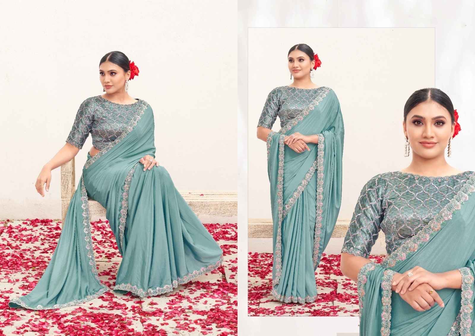 Serene Teal Pure Crepe Silk Saree with Silver Embellished Border