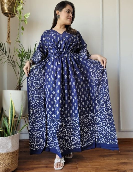 Navy Blue Cotton Kaftan – Hand Block Printed, Free Size, 52" Length