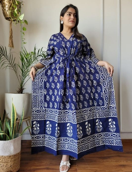 Navy Blue Hand Block Printed Cotton Kaftan – Free Size