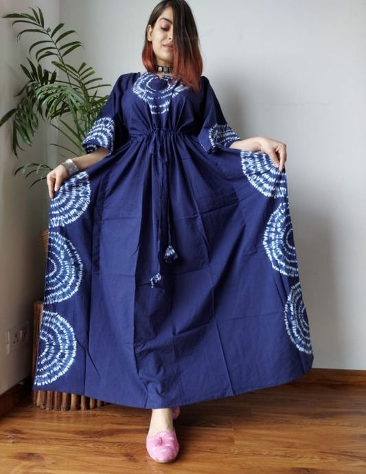 Navy Blue Hand Block Printed Cotton Kaftan – Free Size 36-52