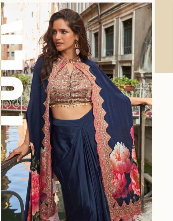 Navy Blue Indo Western French Crepe Silk Jacket & Dhoti Set