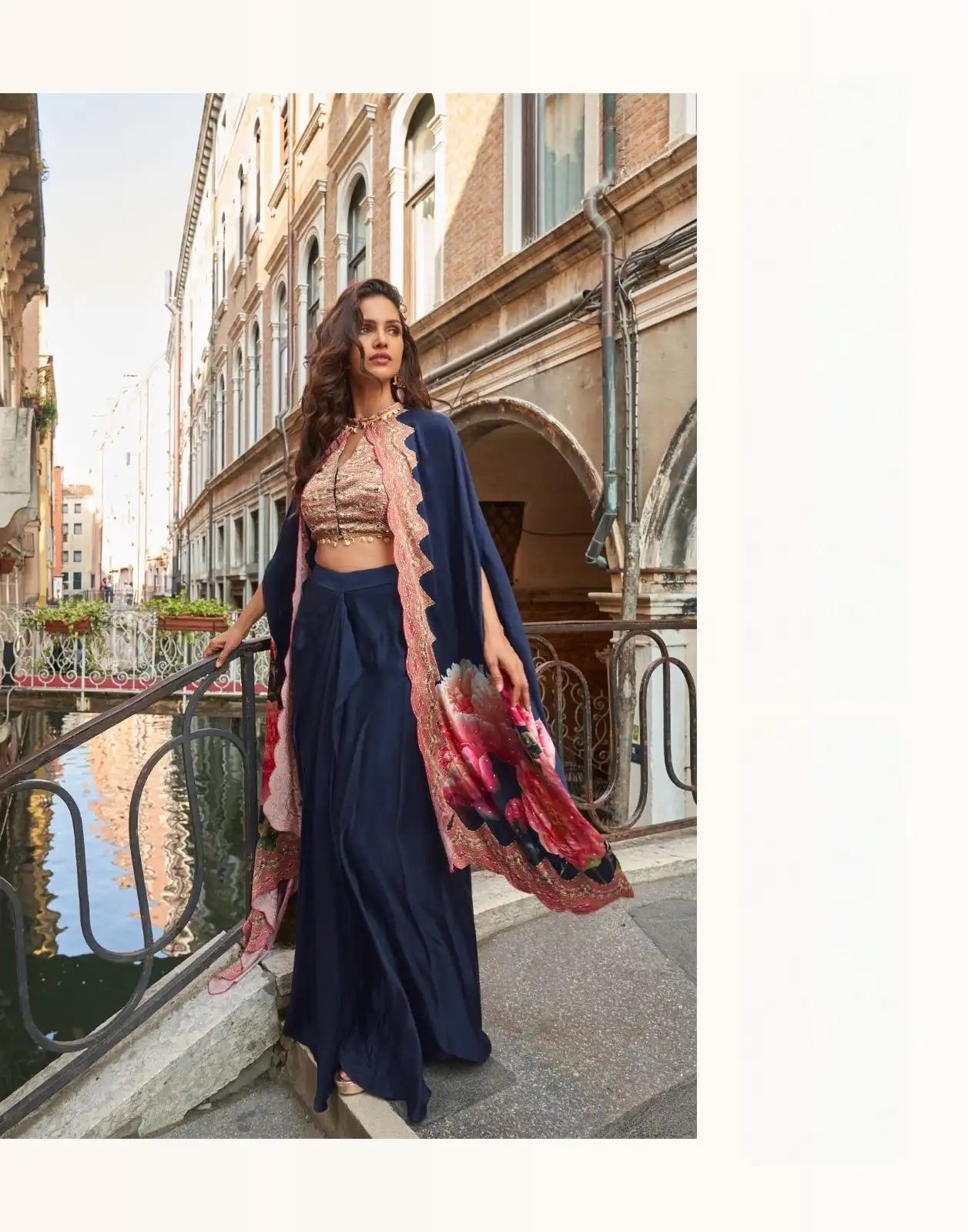 Navy Blue Indo Western French Crepe Silk Jacket & Dhoti Set