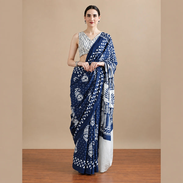 Indigo Blue Printed Cotton Mulmul Saree with White Motifs