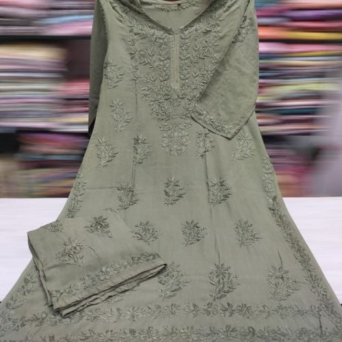 Olive Green Chikankari Modal Kurta Set with Dupatta
